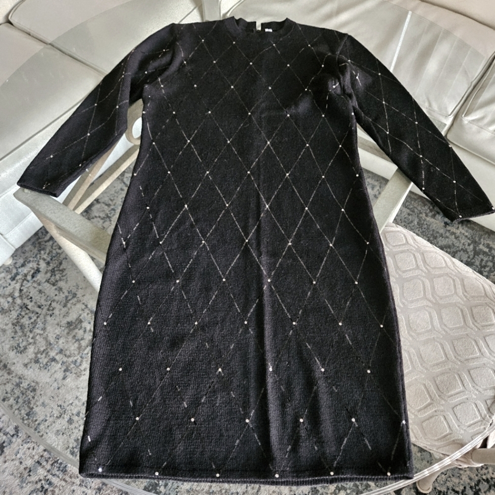 *St. John* Black Knitting Dress with Silver Accents - Picture 2 of 14